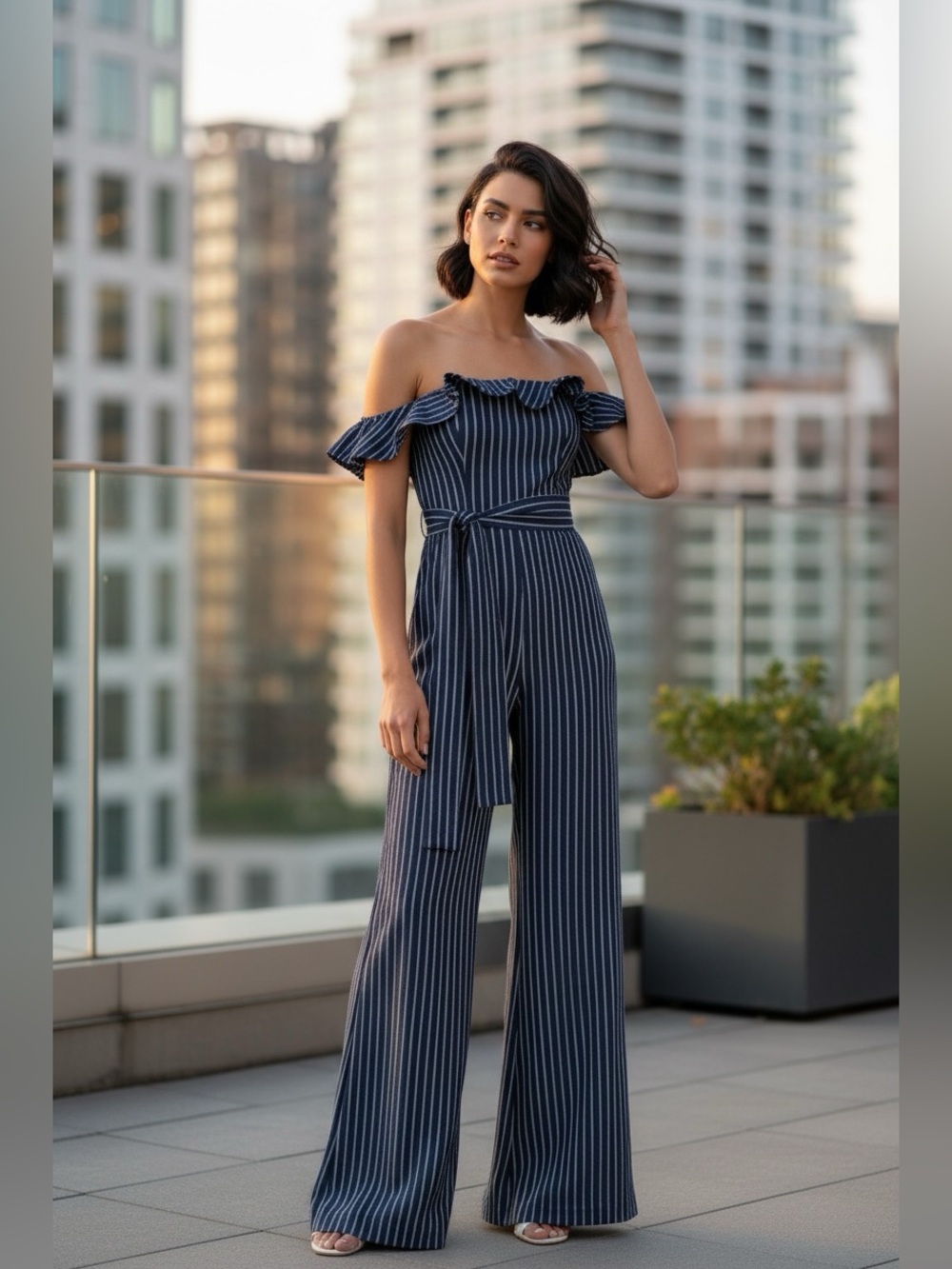 Alexis Edria Demin Jumpsuit | Blue/White Pin Stripe, Wide Leg Size S